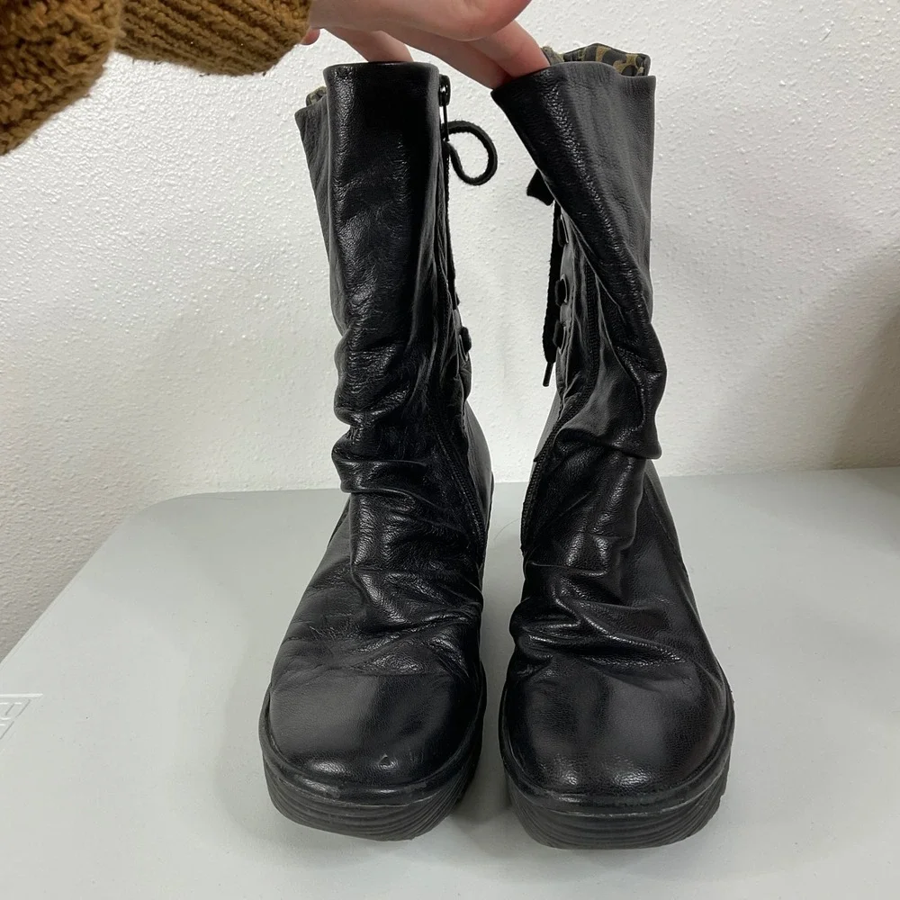 Fly‎ London Yada Black Leather Lace Up Back Boots Size 41